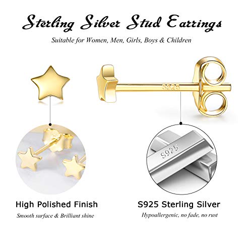 3 Pairs 925 Sterling Silver Star Stud Earrings for Women,Tiny Simple Geometric Stud Earrings Set Small Hypoallergenic Cartilage Tragus Ear Jewellery for Men (3/4/5mm) - color: 02 Gold-3Pairs-3/4/5mm