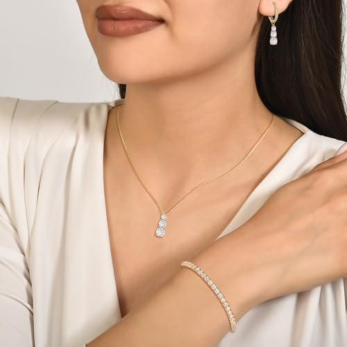 Crysdue Cubic Zirconia Jewelry Set for Women Bridesmaid, Classic Round Cut Drop Lightweight Lever Back Earrings Pendant Necklace Tennis Bracelet for Wedding Prom Party - style: 3pcs Gold
