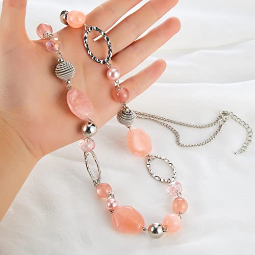 BULINLIN Beaded Long Necklace for Women Silver Sweater Chain Necklace with Crystal Resin Beads, Fashion Jewelry Necklace - color: Pink