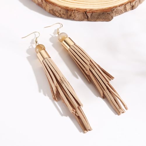 Coiris Boho Leather Layered Tassel Earrings for Women Lightweight Leather Fringe Dangle Earrings Handmade Bohemian Summer Beach Western Drop Earrings for Women - color: Khaki