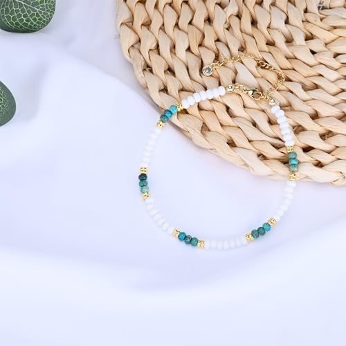 Natural Stone Beaded Anklets Bracelets for Women Handmade Beaded Anklet Bracelet Waterproof Boho Beads Ankle Bracelet Adjustable Summer Jewelry - color: white+blue