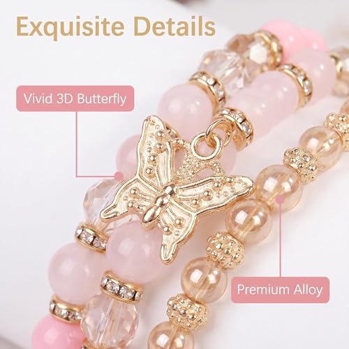 LOTSOF Boho Flower Beaded Bracelet Set for Women - Multilayer Crystal & Flower Charm Stackable Bracelets, Fashion Jewelry Gift for Her - color: Pink Butterfly
