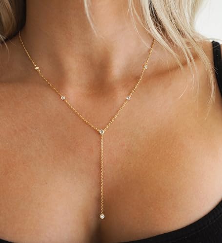 Gold Necklace for Women - Dainty Long Lariat Necklace 14K Gold Plated Clover Star Teardrop CZ Y Shaped Drop Necklaces Cute Long Necklaces for Women Trendy Prom Formal Womens Jewelry - color: Gold-CZ Choker