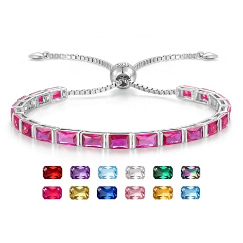 Radiant Cut Birthstone Tennis Bracelets for Women, Adjustable 6–9 Inches White Gold Plated Sterling Silver Bracelet, Hypoallergenic Anniversary Birthday Valentine’s Day Gift for Her - color: 07-Ruby