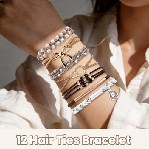 DIYDEC 12pcs Hair Ties Bracelet for Women Boho Braided Hair Ties No Damage Elastic Hair Bracelet Band for Girls Soft Thick Thin Long Curly Hair Accessories (Silvery) - color: Silvery