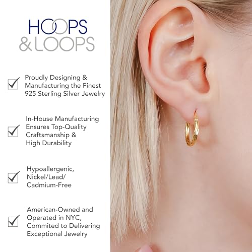 Hoops & Loops 925 Sterling Silver Diamond-Cut Hoop Earrings for Women, 2mm Textured Lightweight Click Top Hoops, 15mm 20mm 25mm 30mm, Silver 14k Yellow Gold & Rose Gold Flash Plated - color: Gold - 15mm (0.59'')