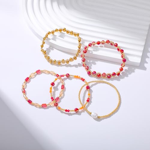 Dainty Gold Plated Pearl Crystal Beaded Bracelets Set for Women 14K Gold Plated Bead Pearl Beads Bracelet Stackable Paperclip Link Chain Bracelets Gold Plated Bracelets for Women Trendy Jewelry - color: Style5-1 Red
