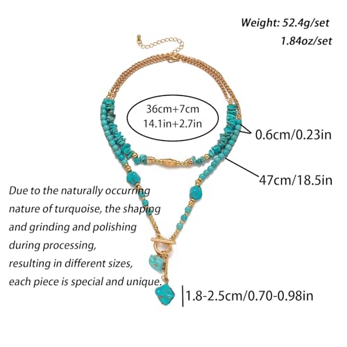 Gold Turquoise Beaded Necklace for Women Layered Bead Necklaces Vintage Turquoises Choker Necklace Boho Turquoises Jewelry Western Handmade Toggle Jewelry - color: 2PCS Turquoise Necklace