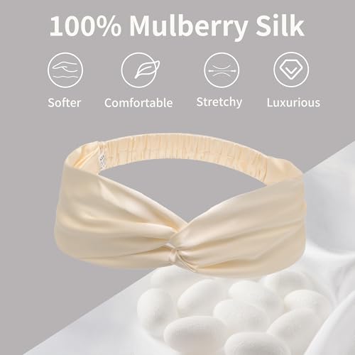 ZLYC Mulberry Silk Headband Elastic Twist Knotted Head Bands for Women's Hair, Solid Beige Cream - color: Solid Beige Cream