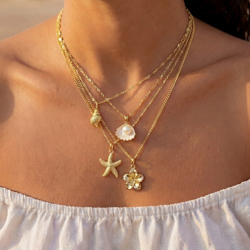 Shell Starfish Necklace for Women, Gold Plated Boho Layered Pendant Necklace with Pearl Conch Charm, Dainty Coastal Summer Beach Vacation Jewelry Gifts - style: Flower 4pcs