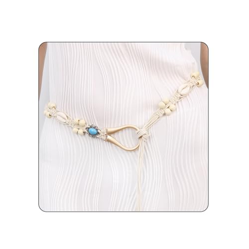 Women Braided Waist Belt Boho Woven Belt with Wooden Beads and Ring Clasp Vintage Long Tassel Rope Tie Belt for Dress - color: Beige 3