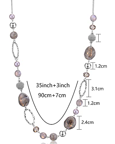 BULINLIN Beaded Long Necklace for Women Silver Sweater Chain Necklace with Crystal Resin Beads, Fashion Jewelry Necklace - color: Grey