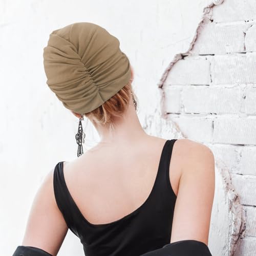 DRESHOW 5 Pack Knotted Headwraps for Women African Turban Pre-Knotted Beanie Headwraps Hair Covers - color: 5 Pack Knotted: Mustard/Rose/Khaki/Teal/Black