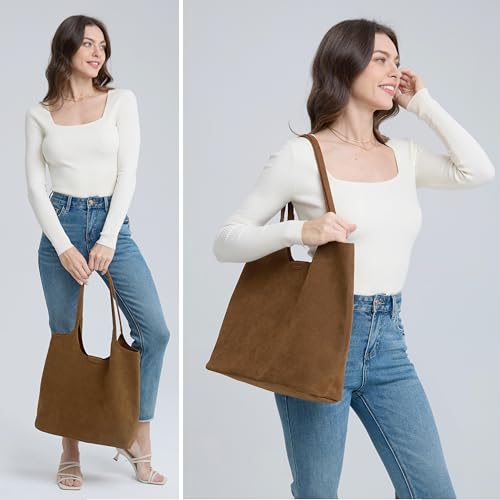 Soft Faux Suede Tote Bag for Women - Magnetic Closure Hobo Handbag, Casual Vegan Leather Purse - color: Brown