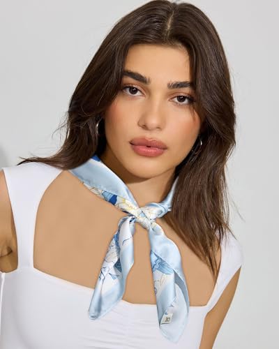 AWAYTR 27.5” Square Satin Head Scarf Hair Scarf for Women's Hair Silk Bandana for Women Silk Head Wrap for Sleeping - color: Flower (Light Blue)