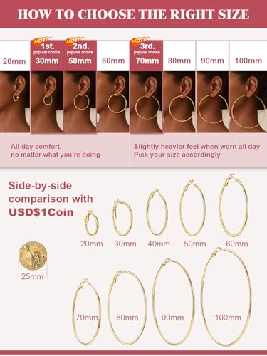 FOCALOOK 14K Gold Plated Lightweight Large Hoops| 2mm Thin Hoop Earrings for Women 30/40/50/70/100mm - color: 01.Gold, size: 100mm