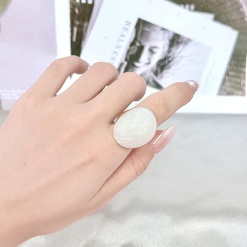 Kokoma Geometric Oval Statement Ring for Women Minimalist Open Adjustable Ring Gold Plated Bold Dome Cocktail Rings Promise Anniversary Band Jewelry - color: White