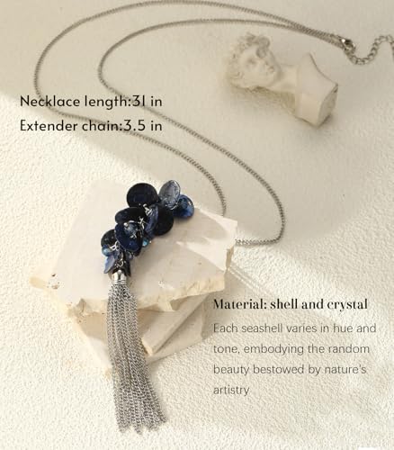 Noessla Boho Long Pendant Necklaces for Women Silver Tassel Long Necklace Sweater Chain Mothers Day Gifts Silver Costume Jewelry for Women - color: 81-Dark Blue
