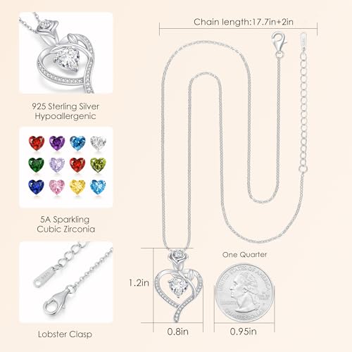 LOUISA SECRET Rose Flower Heart Birthstone Necklaces for Women, 925 Sterling Silver Jewelry, Pendant Heart Necklaces Birthday Anniversary Christmas Gift for Women Wife Mom Girlfriend Lady - color: White Gold-04-Apr