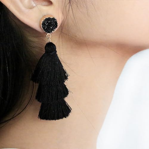 Me&Hz Colorful Layered Tassel Earrings Bohemian Statement Tiered Tassel Big Dangle Drop Earrings for Women Druzy Studs Valentine’s Day Gift - color: Black