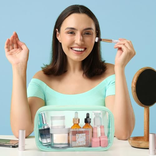 9 Pcs Preppy Clear Makeup Bag DIY Chenille Letter Pouch Large Nylon Makeup Bag Travel Toiletry Zipper Cosmetic Organizer Pouch PVC Bags for Women, 9.5 x 5.1 x 2.8 Inch(Blue Green) - color: Blue Green