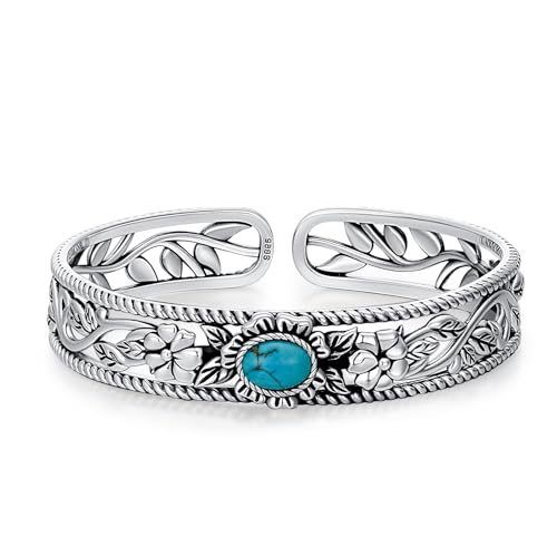 Genuine Turquoise Bracelet Cuff Bracelet for Women Mom 925 Sterling Silver Natural Turquoise Bangles Vintage Bracelet Boho Jewelry for Birthday Christmas Mother's Day Valentine's Day - style: Flower and Leaf