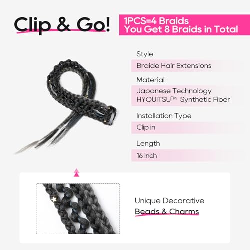 REECHO Clip in Braid Hair Extensions for Women, 16" Boho Dreadlock Clip in Braids with Beads & Charms, 2PCS Synthetic Braided Hairpieces for Cosplay Daily, Black with Gray - color: Black with Gray, size: 16 Inch