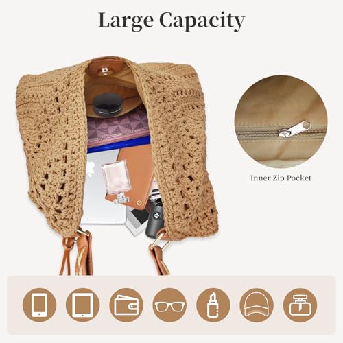 Crochet Beach Tote Bag for Women 2026 Woven Shoulder Bag Summer Handmade Boho Purse Crochet Handbags - color: Khaki
