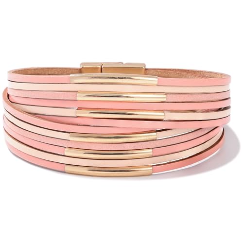 FANCY SHINY Boho Leather Bangle Bracelets Stackable Noodle Tube Bracelets Layered Wrap Cuff Bracelets with Magnetic Clasp - color: Pink