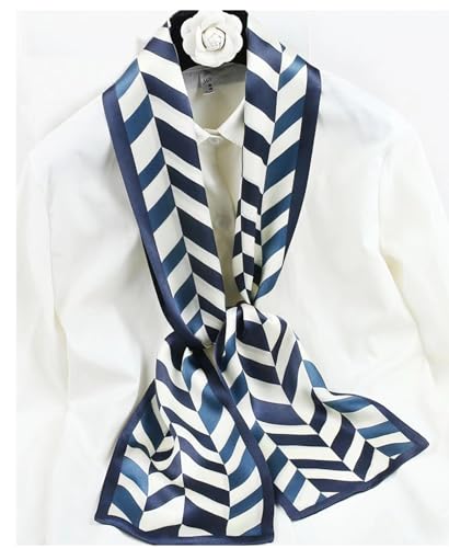 ANDANTINO 100% Silk Scarf for Women 59”*6.3” Long Shawls for Headscarf and Neck- Oblong Hair Wraps with Gift Packed - color: White&blue Geometry
