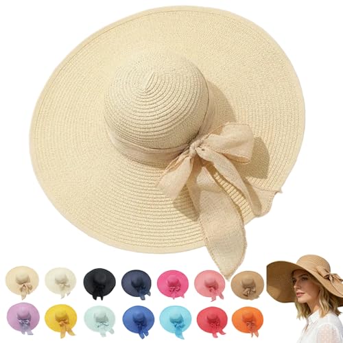 Women’s Straw Sun Hat Wide Brim Packable - Boho Beach Hat for Summer Vacation, Poolside Relaxation and Tropical Travel - color: Light Yellow