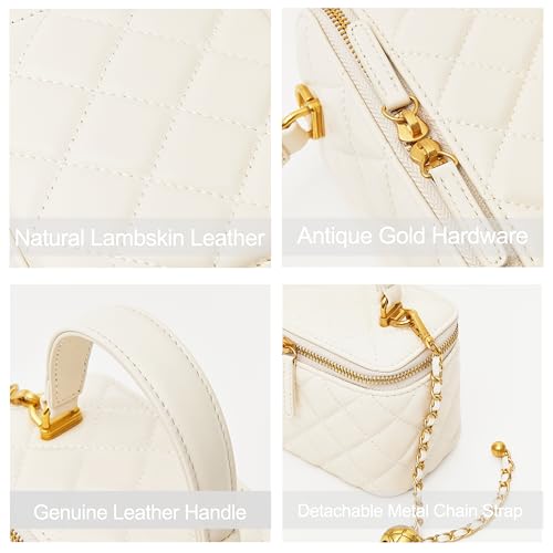DORIS&JACKY Small Quilted Box Crossbody Purse For Women, Designer Lambskin Leather Mini Top Handle Tote Bag With Chain Strap - color: 3-white