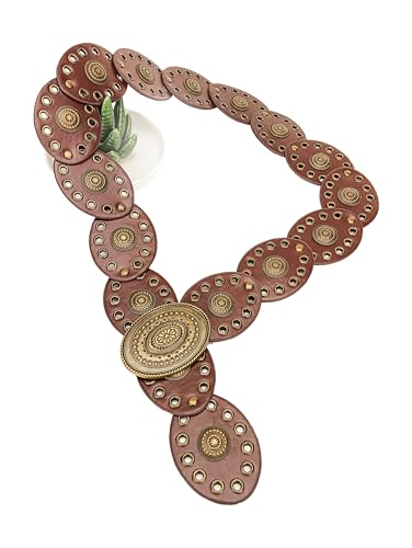 Western Chunky Wide Disc Belt for Women Boho Hollow PU Leather Waist Cowgirl Belt for Dresses Jeans with Metal Buckle - color: Brown