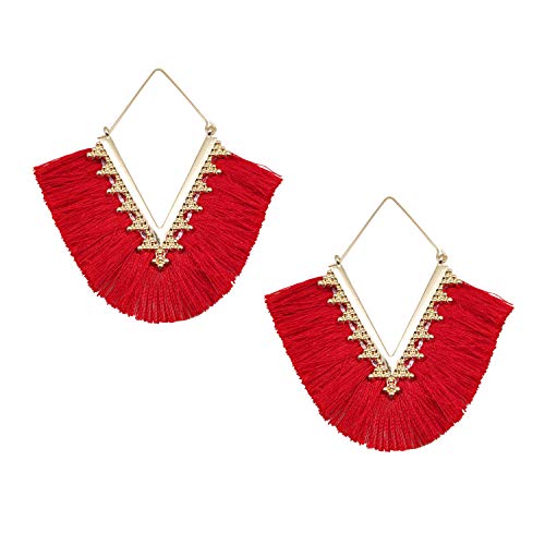 Tassel Hoop Earring Statement Thread Dangle Earrings Stylish Long Fringe Drop Earrings Lightweight Long Swingy French Hook Earrings for Women - color: A Red