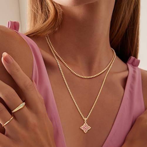 Fettero Gold Clover Necklace for Women Dainty 14K Gold Plated CZ Pendant Necklace Adjustable Chain Choker Charm Colorful Clover Pendant Lucky Necklaces for Women Jewelry - color: Pink Rhodonit