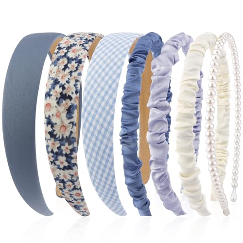 VELSCRUN 7 Pcs Different Headbands for Women Fashion Blue Solid Head Bands Pearl Headband Non Slip Hair Band for Womens Thin Thick Short Hair Face Wash Hair Accessories Gifts for Women Gilrs - color: Blue