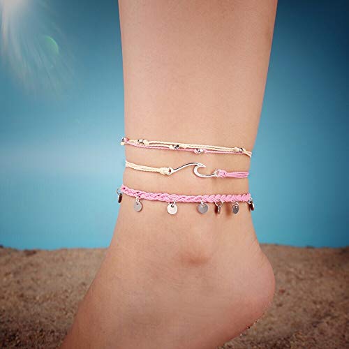 Waterproof String Anklets Cute Beaded Ankle Bracelets Beach Wave Anklet Stainless Steel Coin Boho Ankle Jewelry for Women - color: Pink