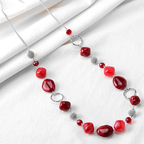 BULINLIN Beaded Long Necklace for Women Silver Sweater Chain Necklace with Crystal Resin Beads, Fashion Jewelry Necklace - color: 53-Dark light red