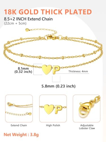 Silvora Ankle Bracelets for Women Waterproof 14K Gold/Silver/Black Initial Anklet for Women Dainty Layered Heart Ankle Bracelets Stainless Steel Adjustable Foot Chain Anklet Summer Beach Jewelry - color: Gold-14K Gold Plated, size: 16.P