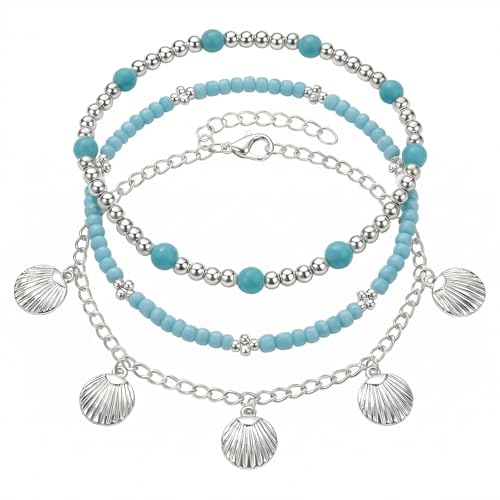 Boho Beads Beach Layered Anklet Set for Women, Handmade Gold Starfish Pearl Shell Anklets Summer Ocean Accessories Jewelry Gift - color: Blue