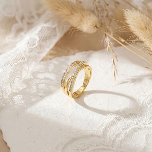 FISSEN JEWELRY Gold Rings for Women, Non Tarnish Dainty 14k Gold Plated Silver CZ Cross Ring Cute Cubic Zirconia Pinky Thumb Stackable Band Silver Finger Rings Size 6-10 Jewelry for Her - color: Gold Diamond Multi Layer