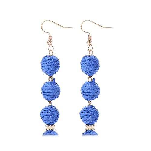 Lightweight Boho Thread Raffia Earrings for Women Handmade Braided Straw Wicker Lantern Ball Earrings Summer Beach Bohemian Geometric Earrings Holiday - color: dark blue