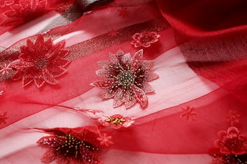 Jeelow Silk Blend Floral Fashion Scarf Shawl Wrap Lightweight Sheer For Women Floral Embroidery Wedding Party Prom - color: Red Beaded