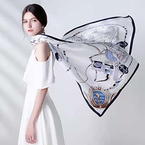 ANDANTINO 100% Silk Long Scarf-Women Large Oblong Shawls with Gift Packed - color: White&blue-sailing