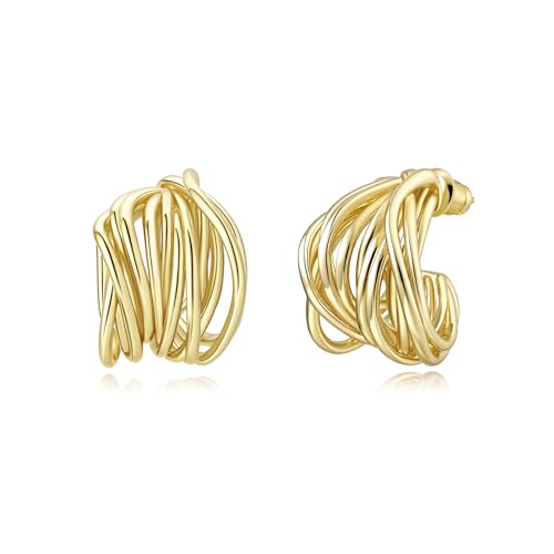 Sylph Chunky Gold Earrings 14K Gold Plated Statement Earrings for Women Trendy Hypoallergenic Textured Hoop Ribbed Huggie Earrings - style: Strand Twisted-14K Gold Plated