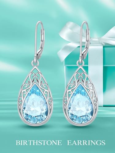 POIUY Gifts for Women Hypoallergenic Teardrop Filigree Birthstone Leverback Dangle Earrings 18K White Gold Fashion Jewelry Anniversary Wedding Birthday Gifts for Women Daughter Sister Girlfriend Wife - style: 3-March Birthstone Earrings