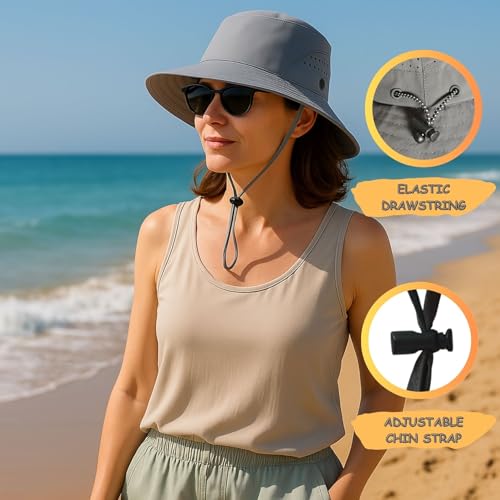 Wide Brim Nylon Sun Hat for Men Women Premium Packable Outdoor Fishing Hiking Hat Breathable Vent Holes Foldable for Beach - color: Grey