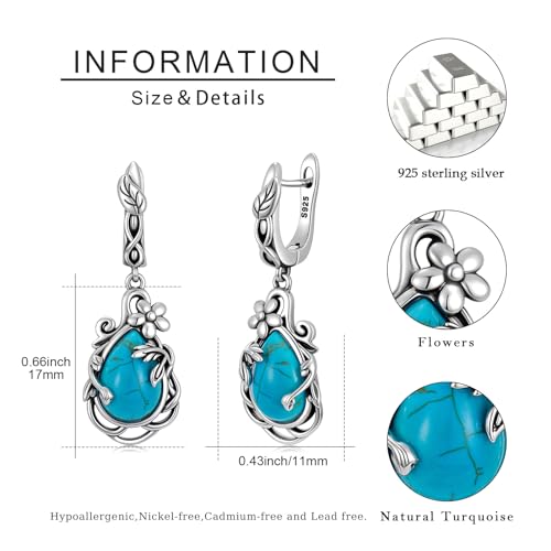 Natural Turquoise Earrings for Women Dangling 925 Sterling Silver Dangle Earrings Western Jewelry Christmas Gift for Sister Mother - style: E-Flowers Earrings