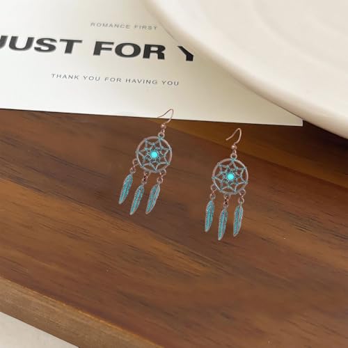 Boho Turquoise Drop Earrings Retro Long Copper Feather Tasse Metal Leaf Dangle Earrings Vintage Country Western Jewelry Cowgirl Ethnic Style Geometric Concert Festival Accessories for Women - color: Green Feather Tassel