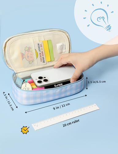 SUNEE Cute Pencil Case, Aesthetic Pen Pouch, Colored Large Pencil Bag with Zipper, Kawaii Stationery Storage and Organizer, School Supplies for Teen and Adult Girls, Blue Checkered - color: Blue Checkered